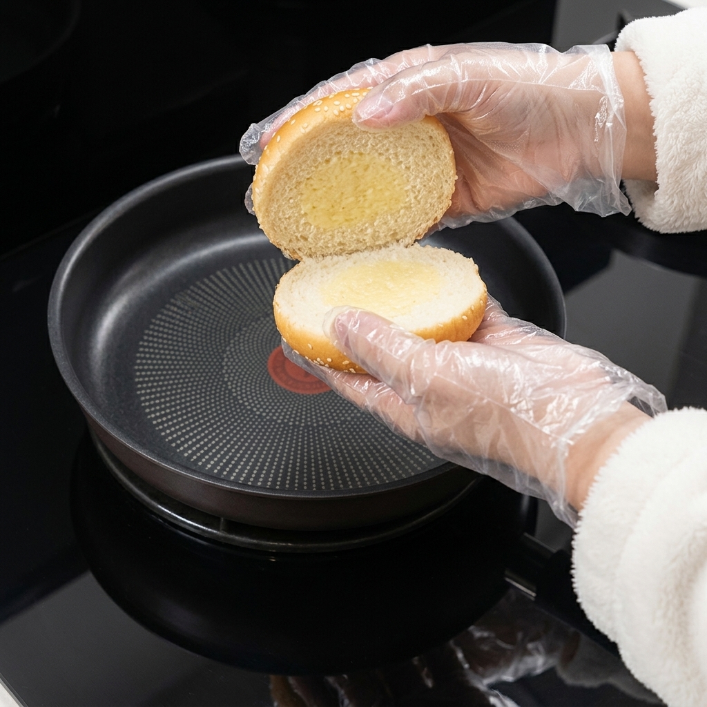 フライパンでバターを溶かし、断面を下にしてバンズを焼いている様子。