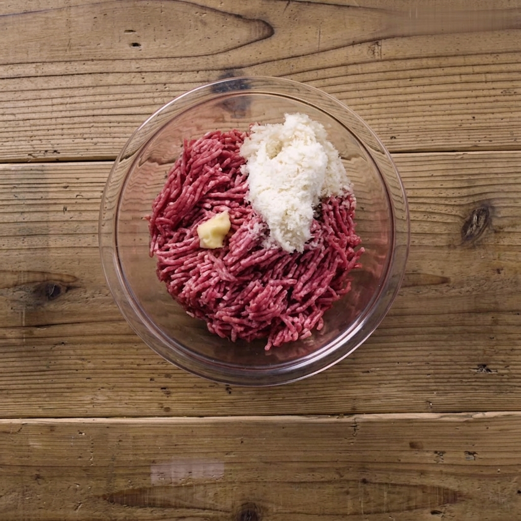 ひき肉、卵、牛乳に浸したパン粉が入ったボウル