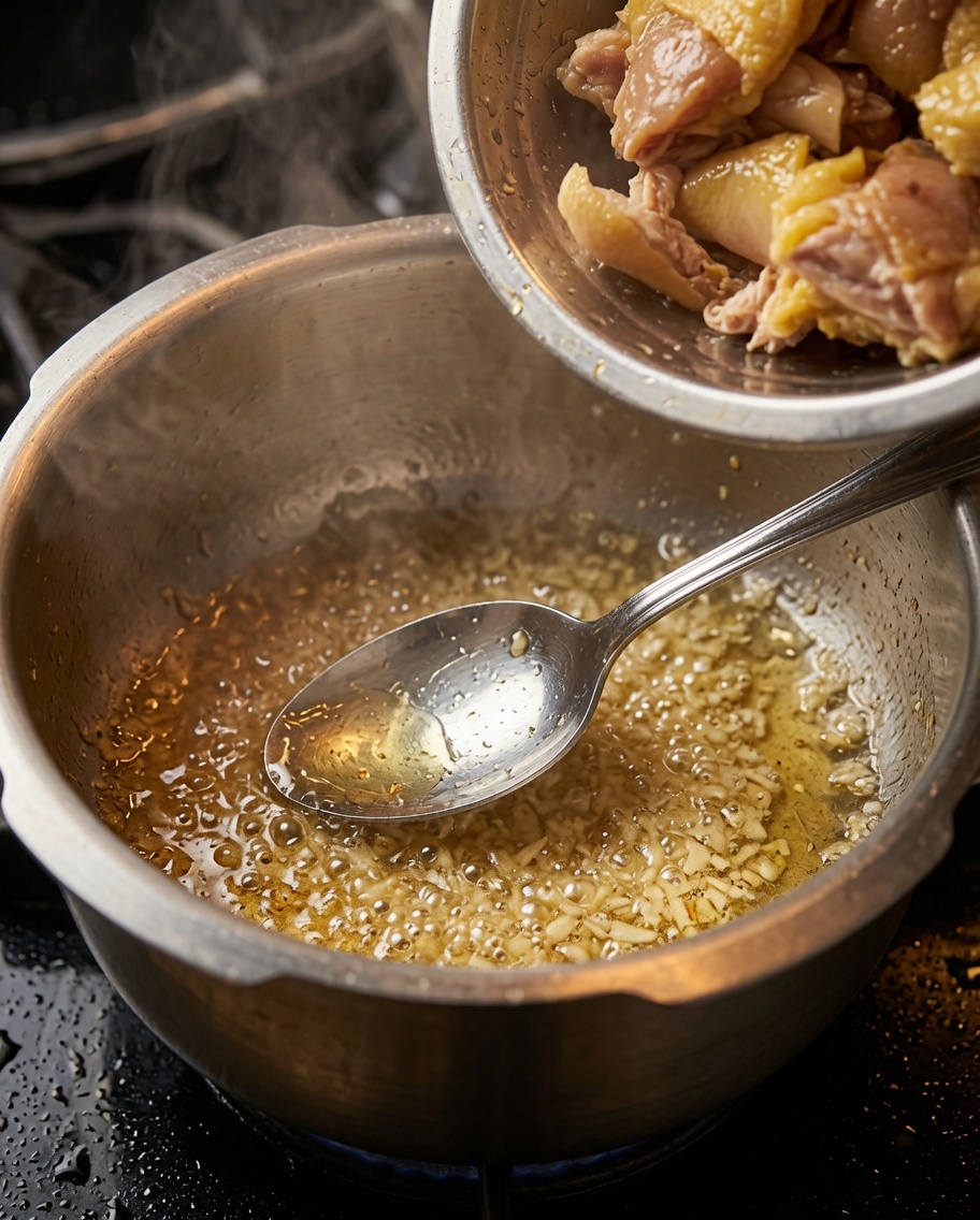 下茹でした鶏肉を鍋に入れる様子