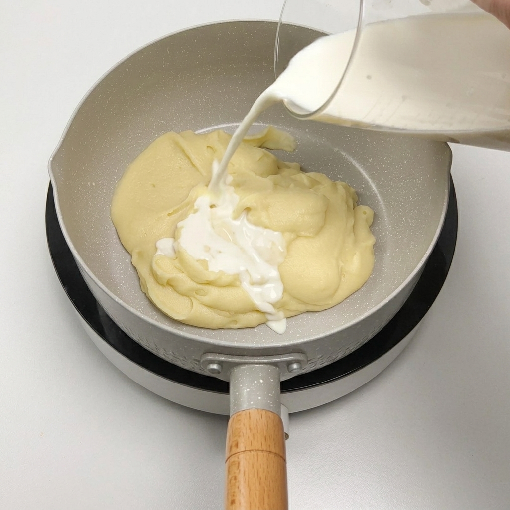 鶏肉が入った鍋に白ワインと熱湯を注ぎ入れている様子。