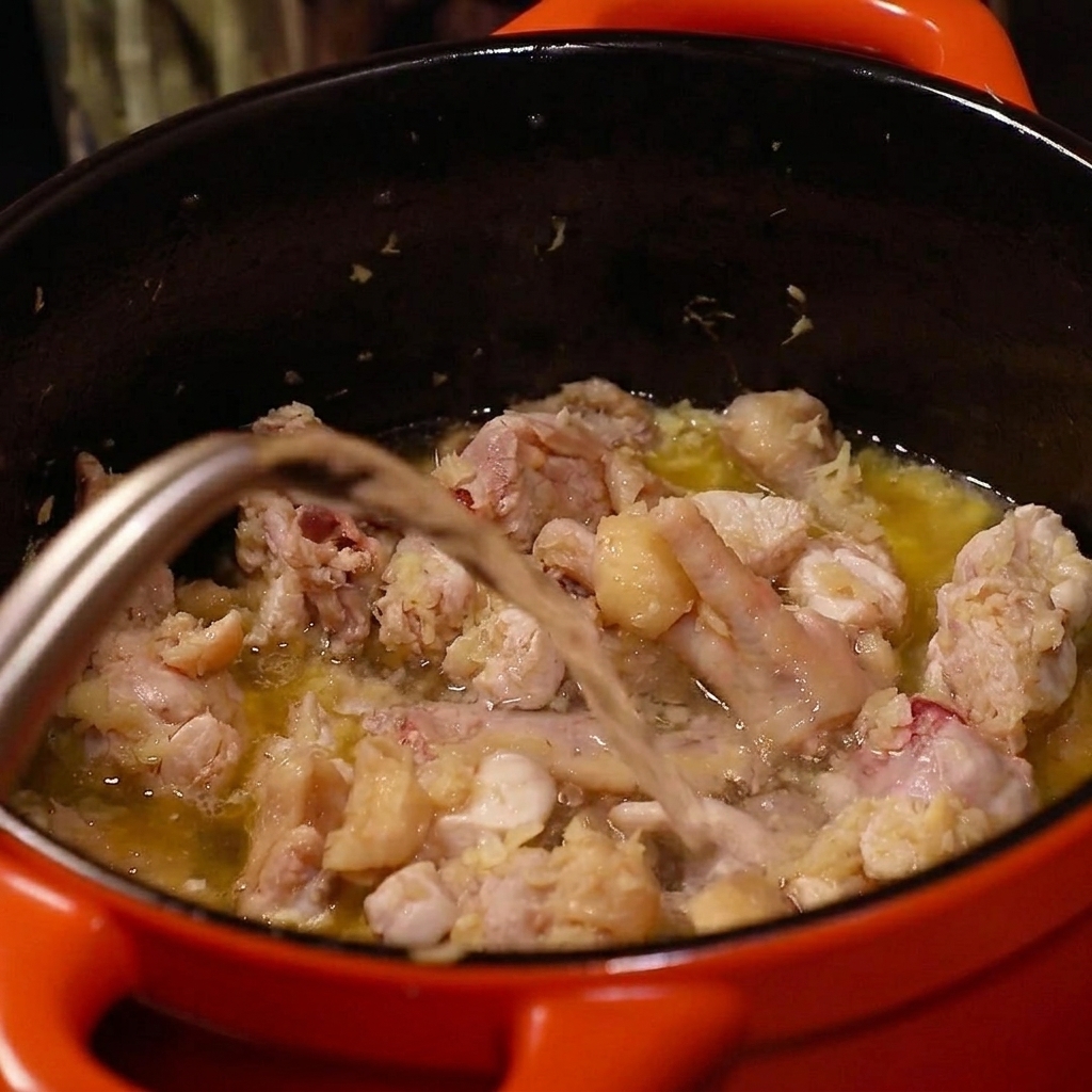 赤い蓋をして、コンロの上で湯気を立てながら煮込んでいる鍋。
