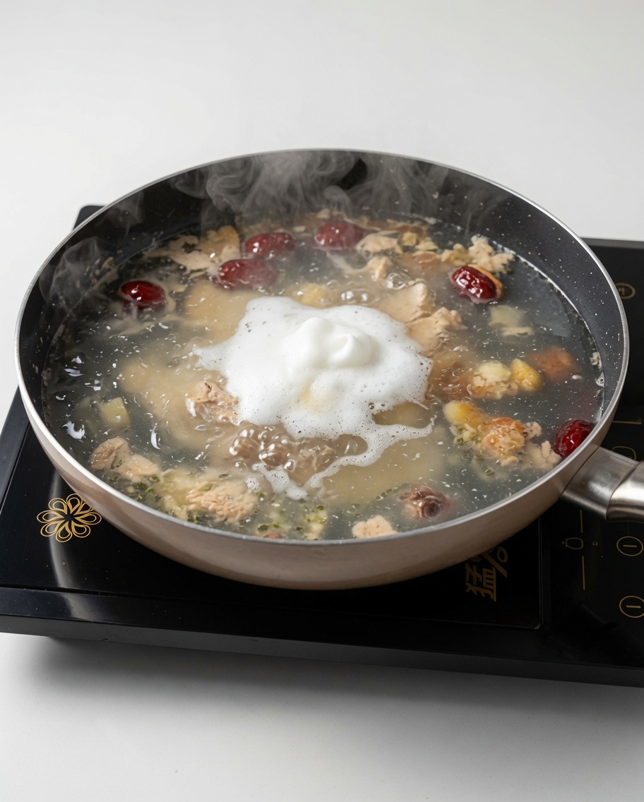 用勺子小心撇去沸腾鸡汤表面的浮沫。