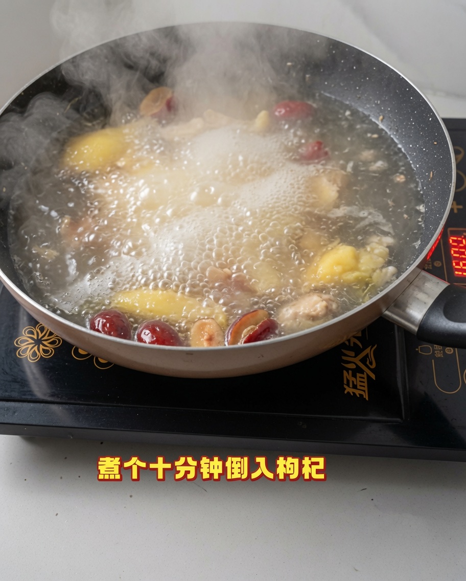 将干枸杞撒入沸腾的鸡汤中。