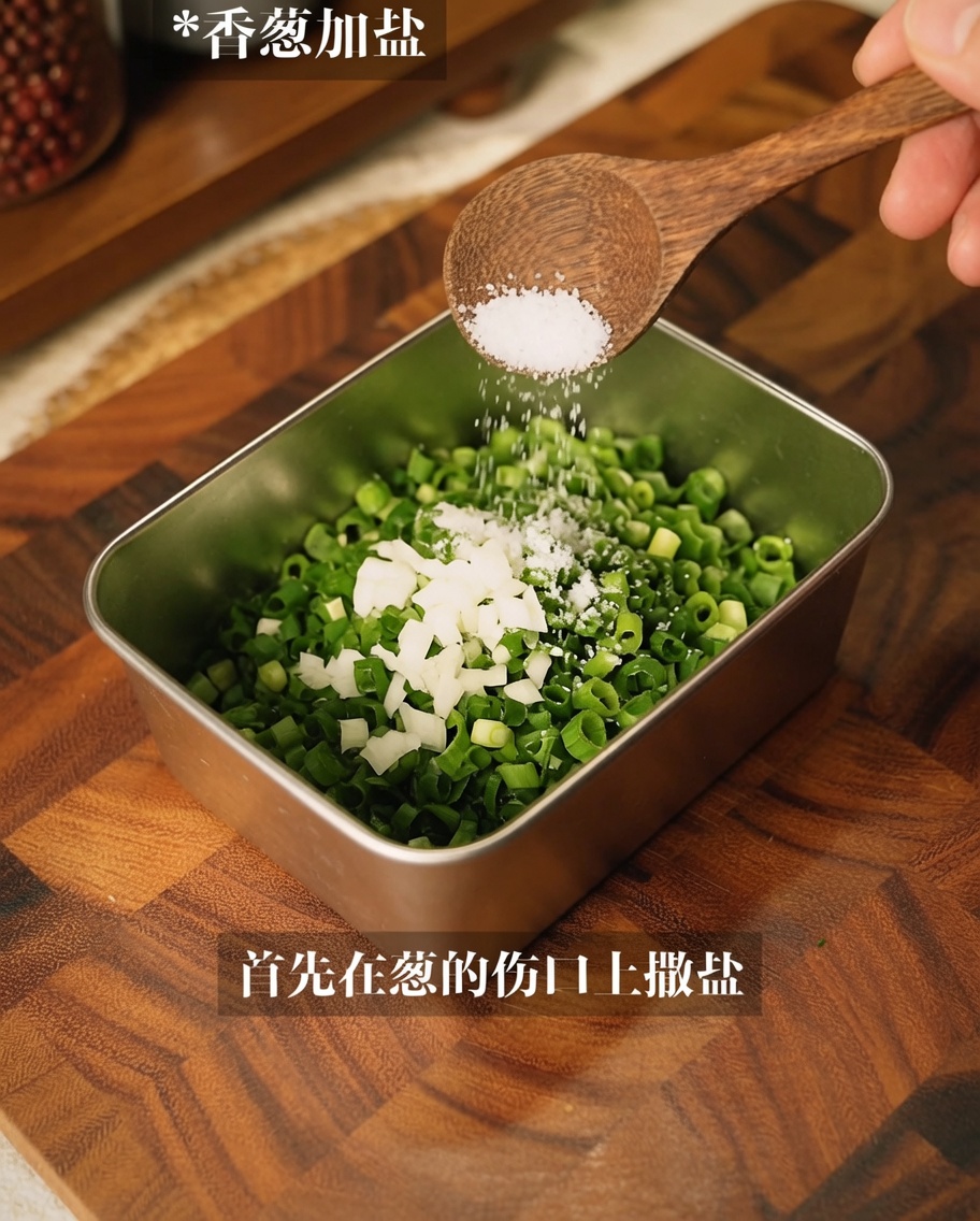 容器に入れた刻みねぎを塩と混ぜ合わせている様子。