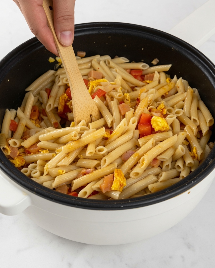 ペンネ、トマト、ハム、卵が混ざったパスタを木べらで炒めている様子。