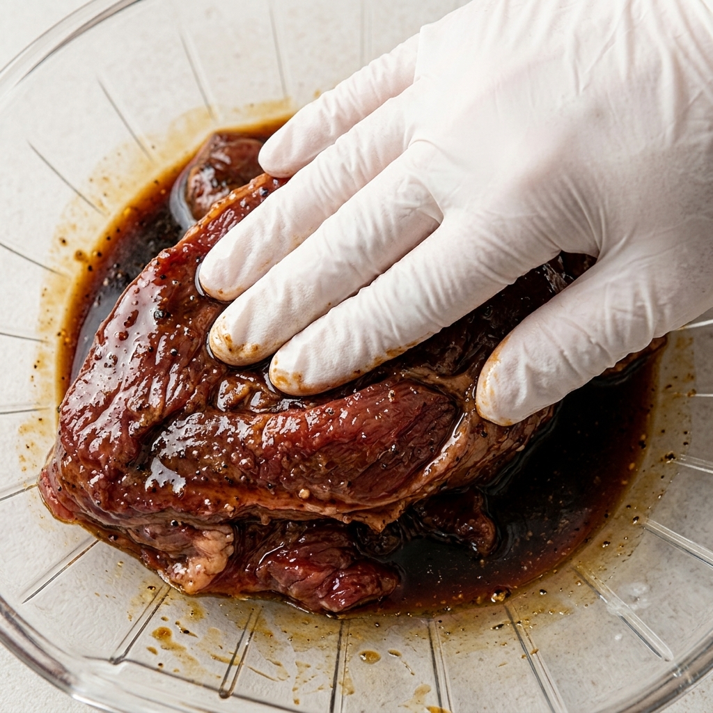 肉たたきで牛肉を叩いている様子。