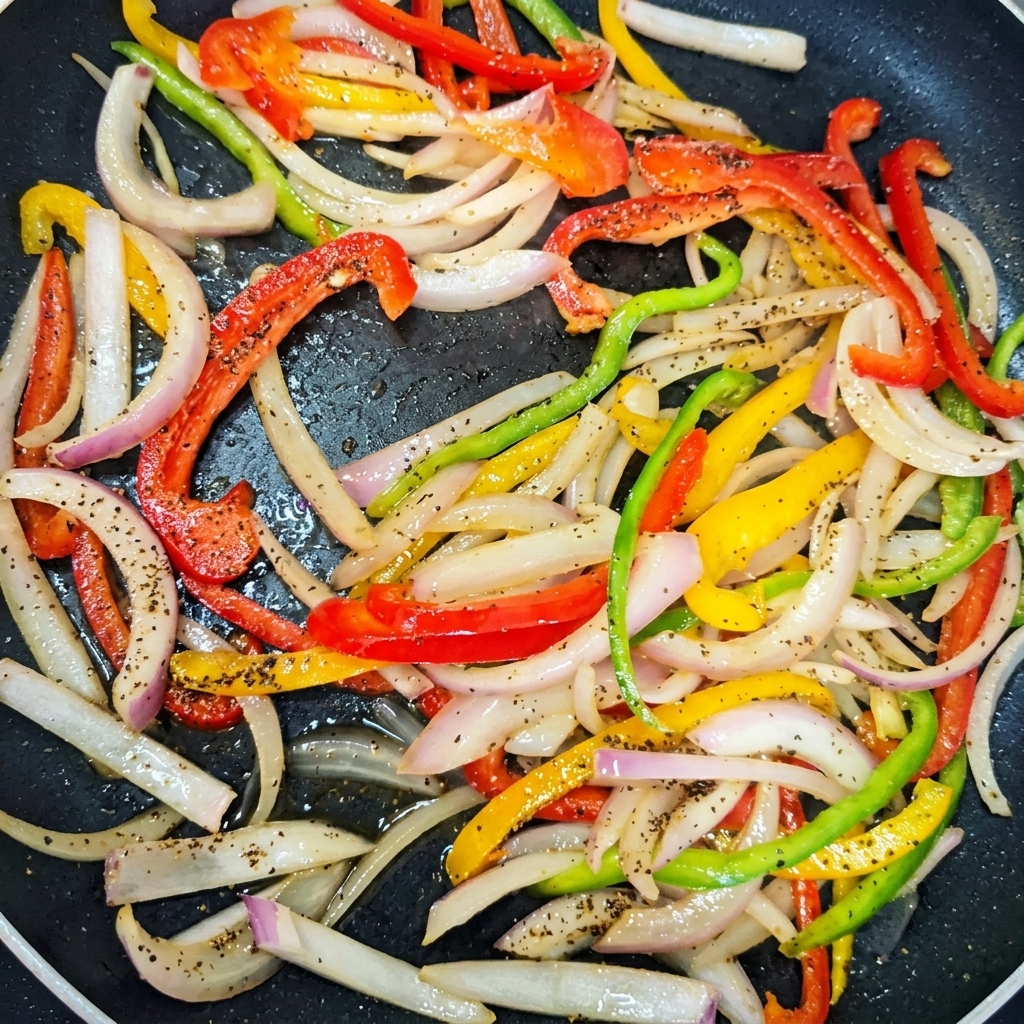牛肉、パスタ、野菜をフライパンで一緒に炒めている様子。