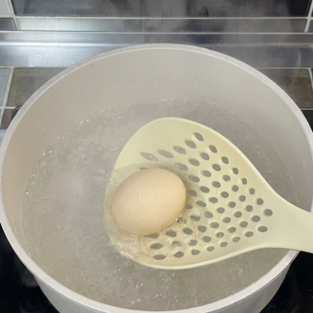 穴あきお玉を使って、沸騰したお湯にそっと卵を入れる様子。