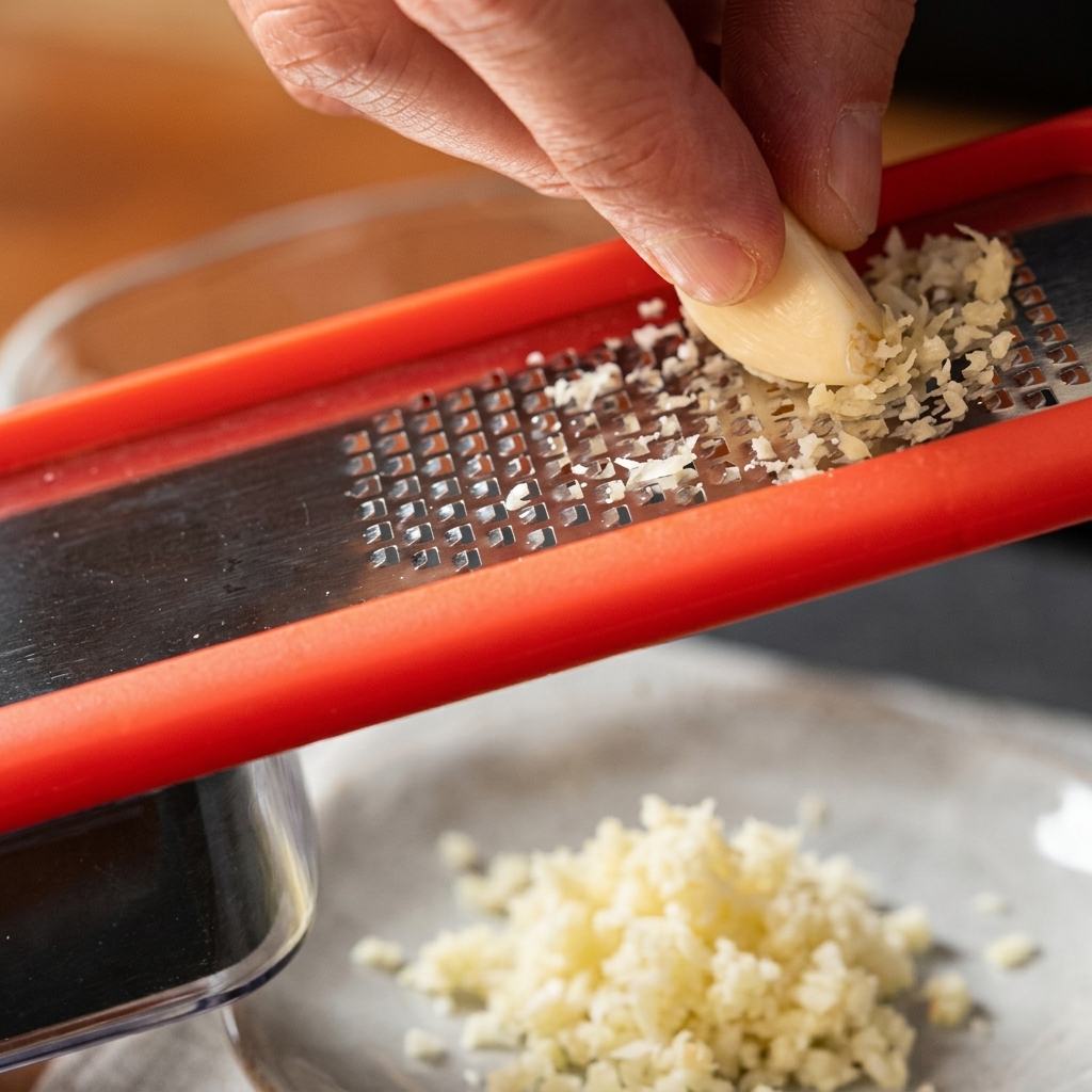 おろし器でにんにくをすりおろしている様子。