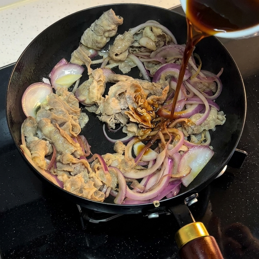 焼き色のついた牛肉と玉ねぎが入ったフライパンに、小さなボウルから濃い色のタレを注いでいる様子。