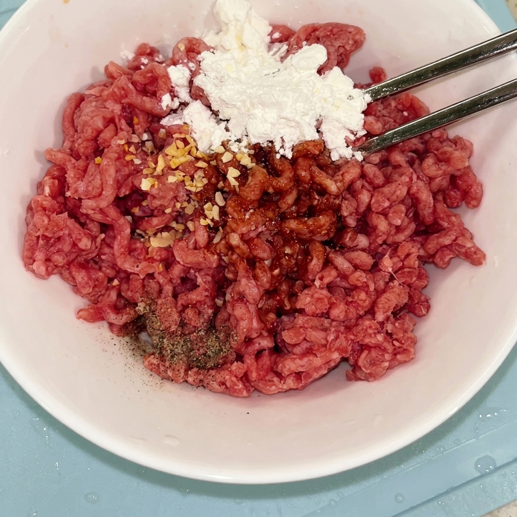 ボウルに入れたひき肉に調味料と片栗粉を加え、菜箸で混ぜている様子。
