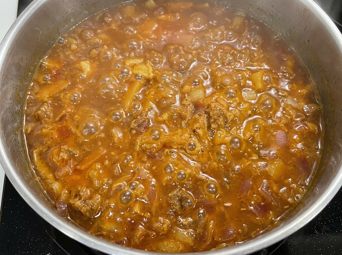 ソースが煮詰まった丼の具材に、仕上げの青ねぎを散らしている様子。