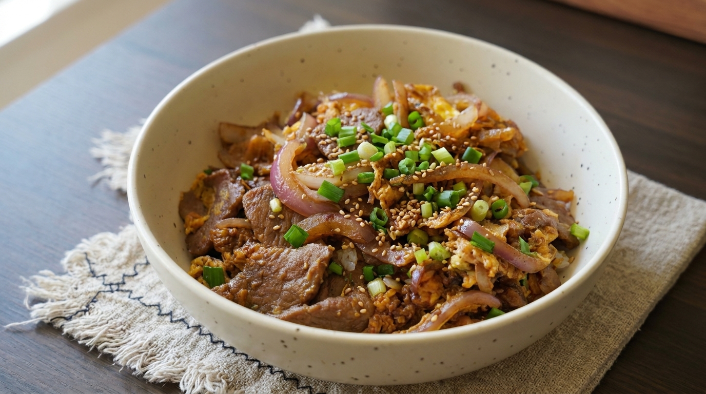 旨味たっぷり！牛肉と玉ねぎの牛丼風卵とじ丼