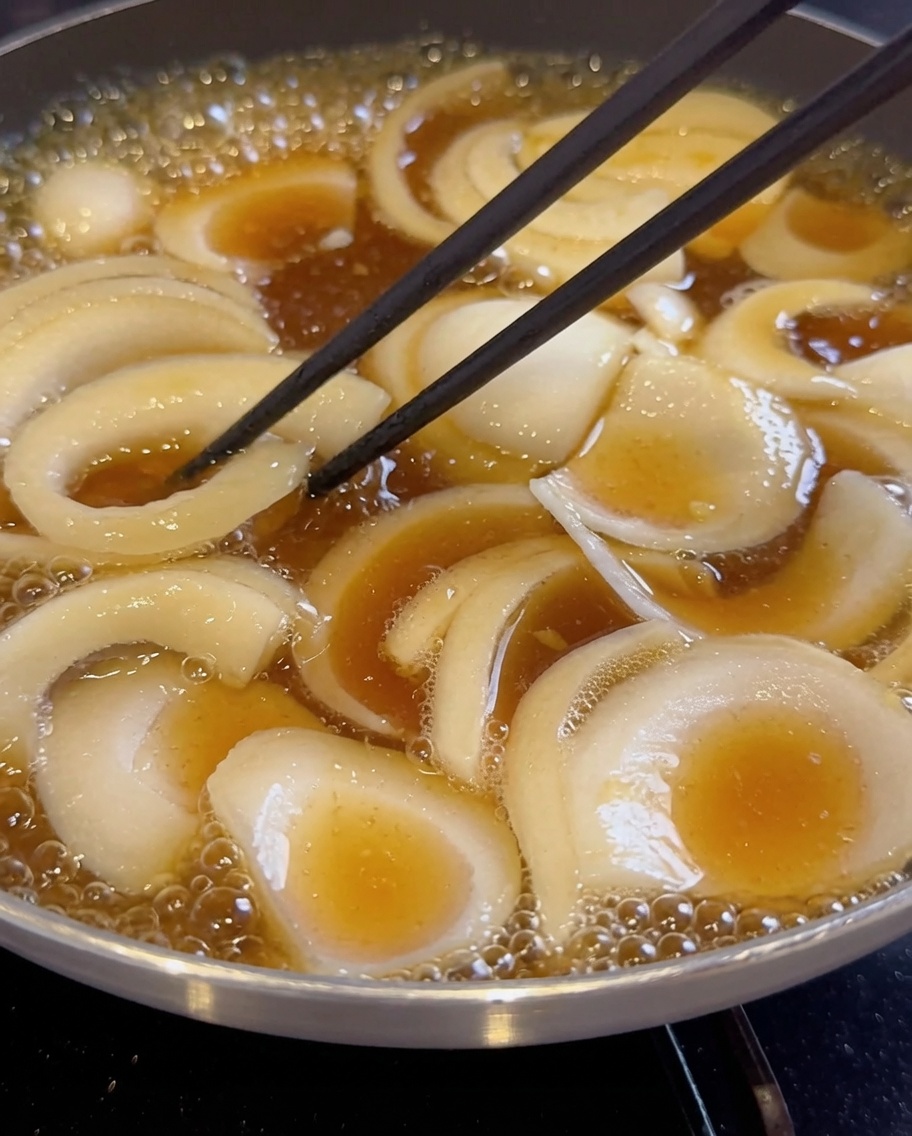 タレの中で玉ねぎが煮えている様子。