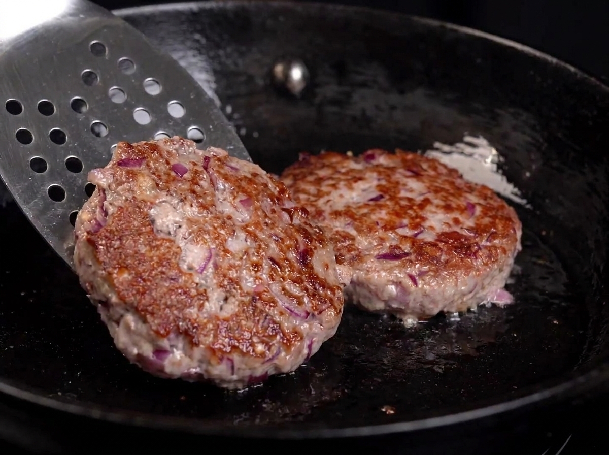 フライパンの中でヘラを使ってパティを裏返す様子。美味しそうな焼き色。
