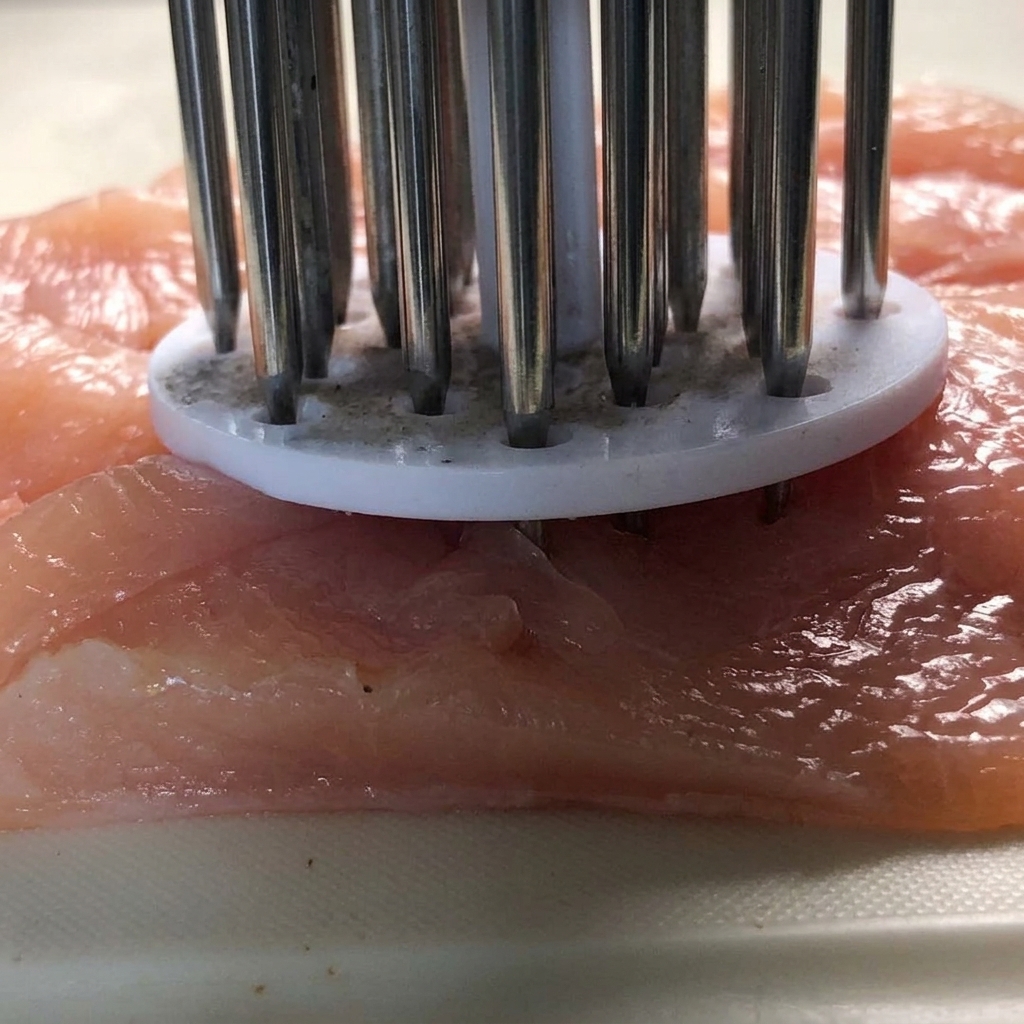 まな板の上で平らに置かれた鶏むね肉。