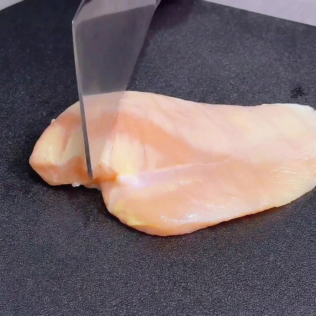 包丁の背で鶏胸肉を叩いている様子。