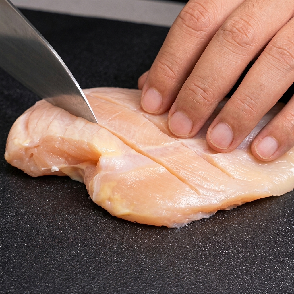 鶏胸肉に格子状の切り込みを入れている様子。