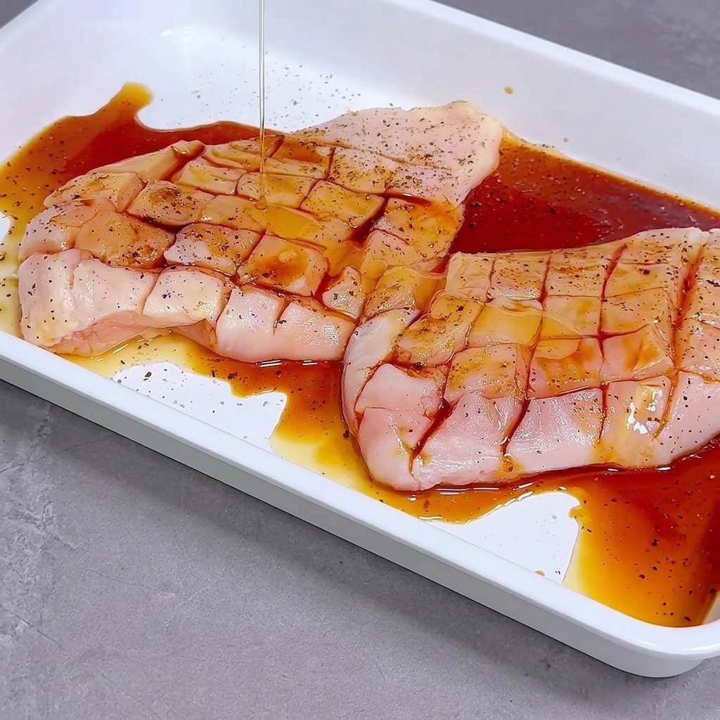 鶏胸肉に調味料を揉み込んでいる様子。