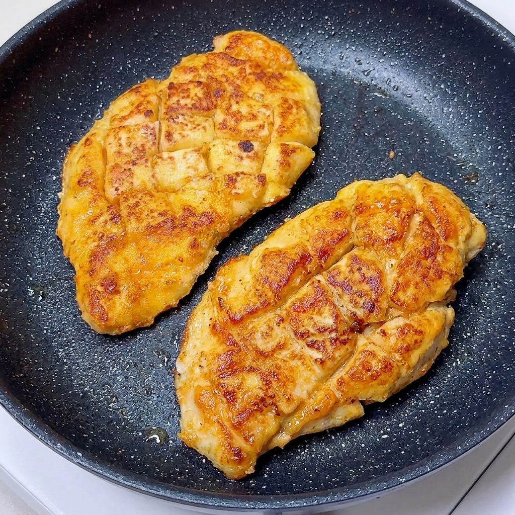 フライパンで鶏肉がこんがりと焼けている様子。