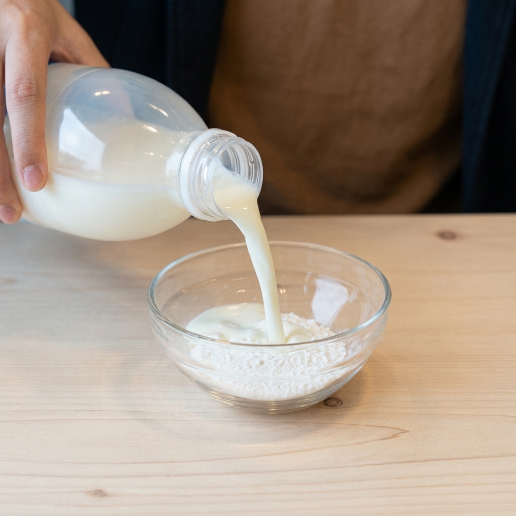 小さなボウルに入ったサツマイモ粉に牛乳を注いでいる様子。