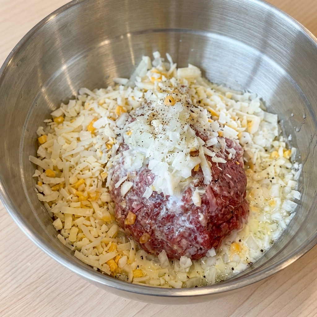 肉ダネにチーズとこしょう、塩を加えた状態。