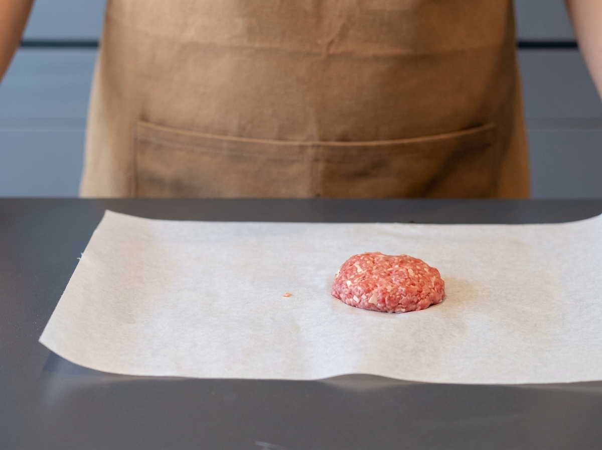 綺麗に成形された生のハンバーグのタネ。