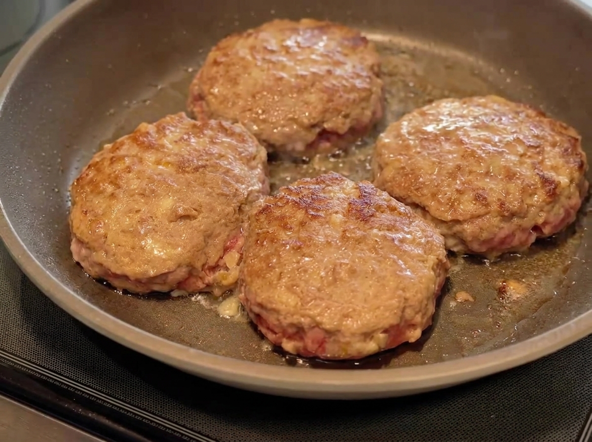ハンバーグの周りでバターを溶かしている様子。