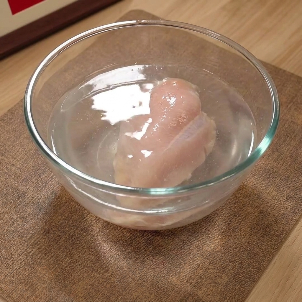 ボウルに入った塩水に浸かっている鶏むね肉のクローズアップ。