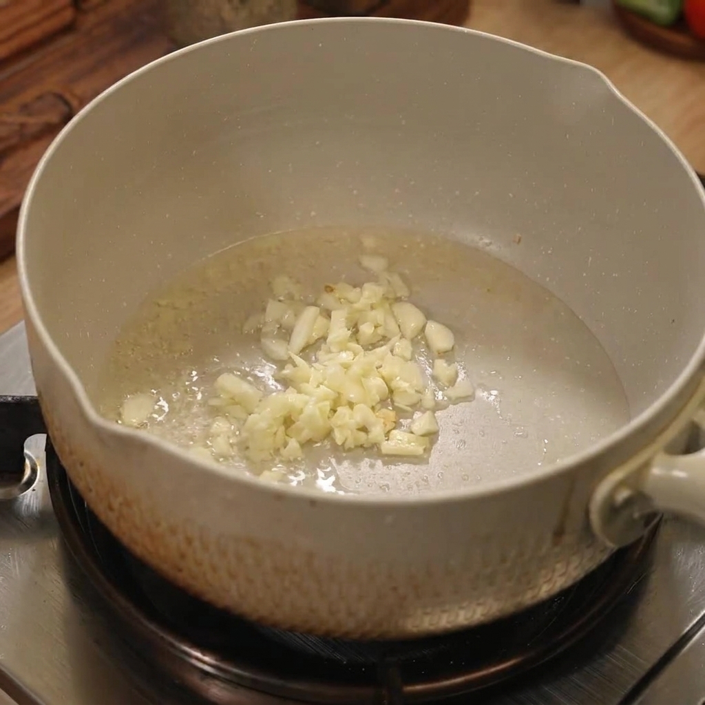 鍋で油に光るみじん切りの玉ねぎとにんにく。