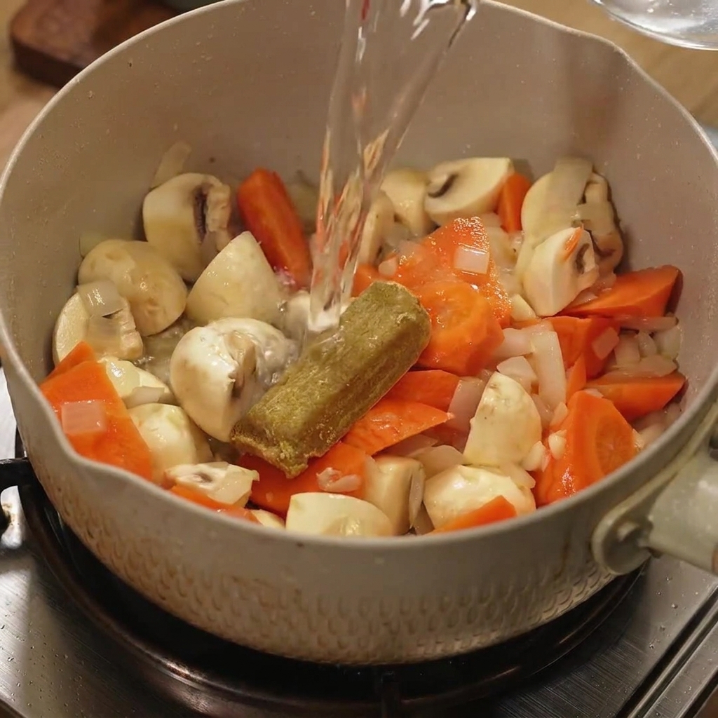 鍋に入ったカレールウにお湯を注いでいる様子。