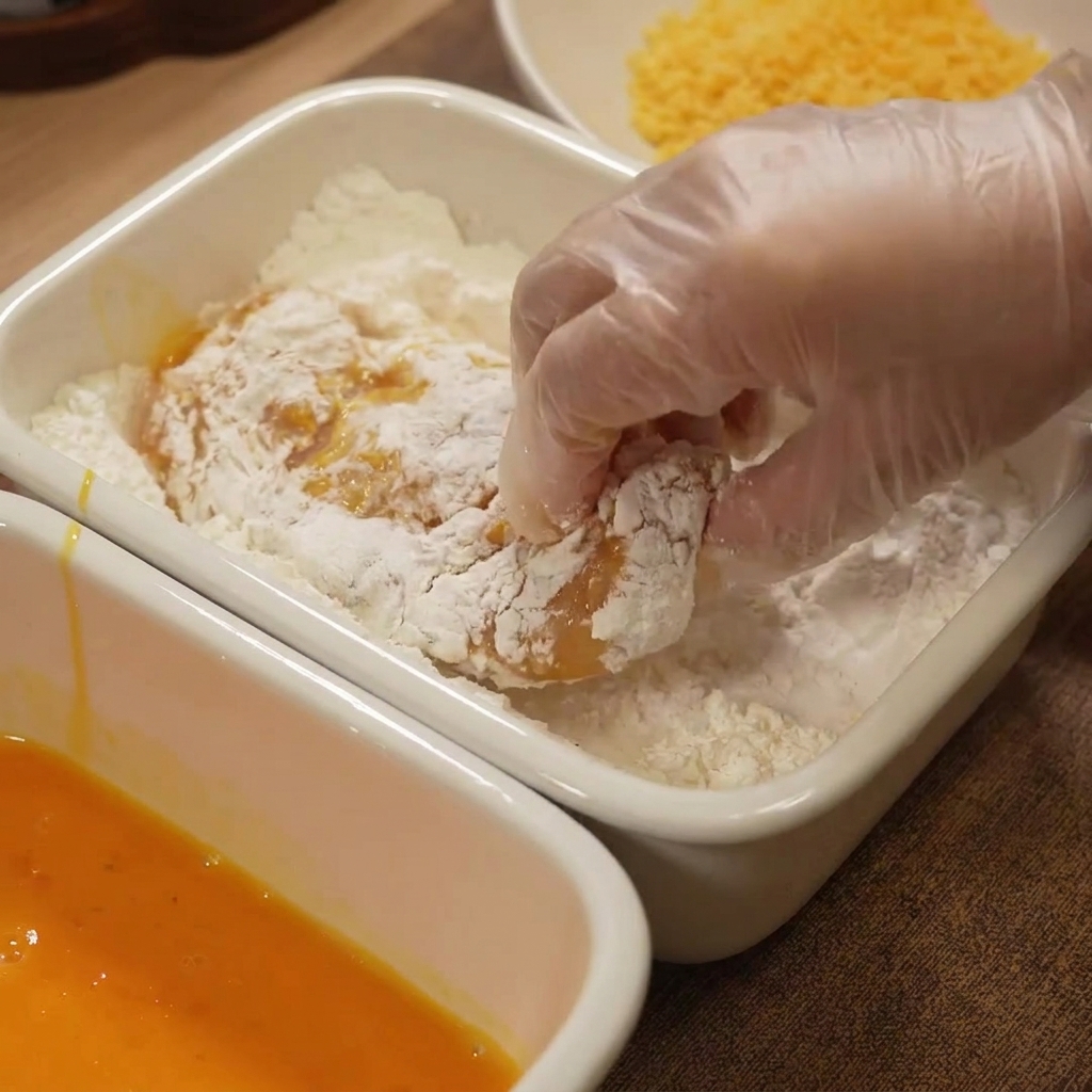 小麦粉をまぶされている鶏むね肉。