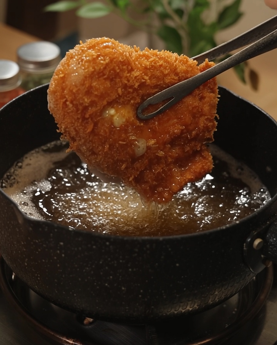 調理用トングで油から持ち上げられる黄金色のチキンカツ。