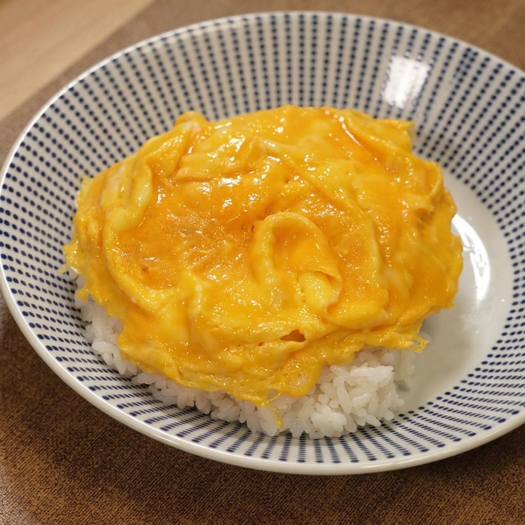 器にご飯、とろとろ卵、チキンカツ、カレーが盛り付けられた完成品。