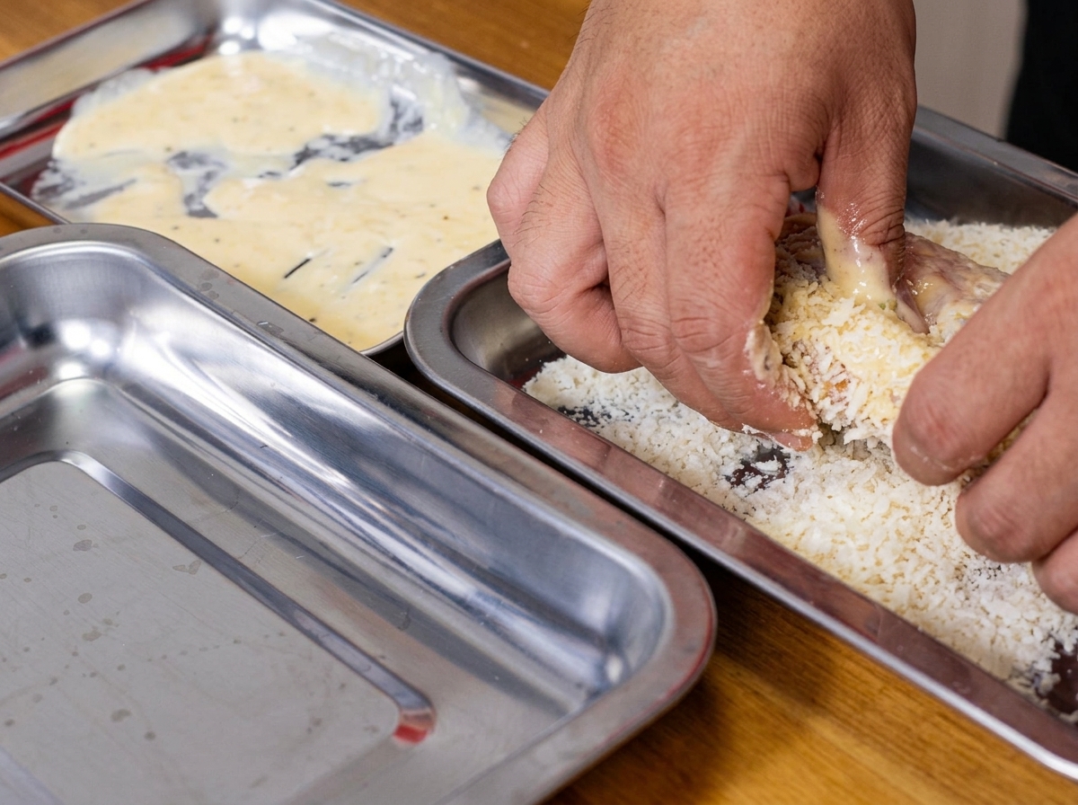 パン粉を入れたトレイで、鶏肉にしっかりとパン粉を押さえている様子。