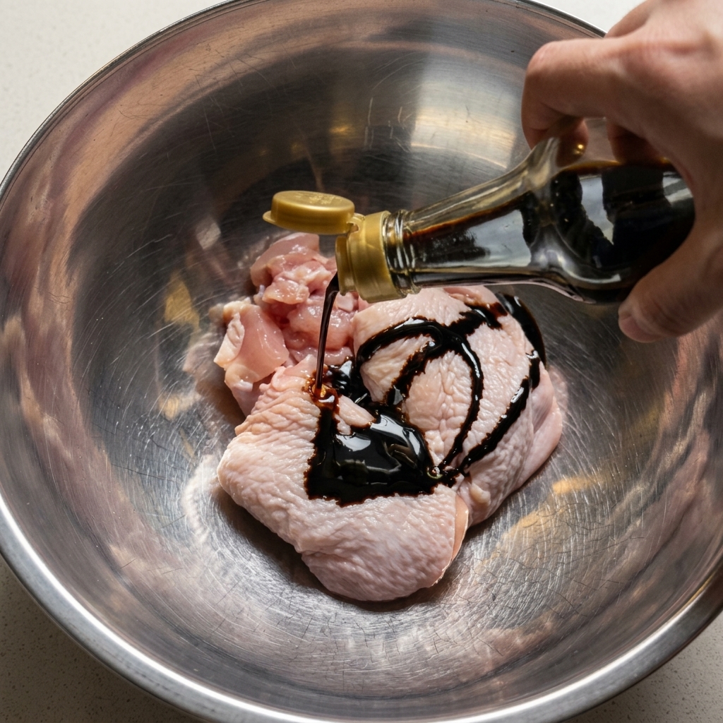 ステンレス製のボウルに入った、特製ダレに漬け込まれた生の鶏もも肉。