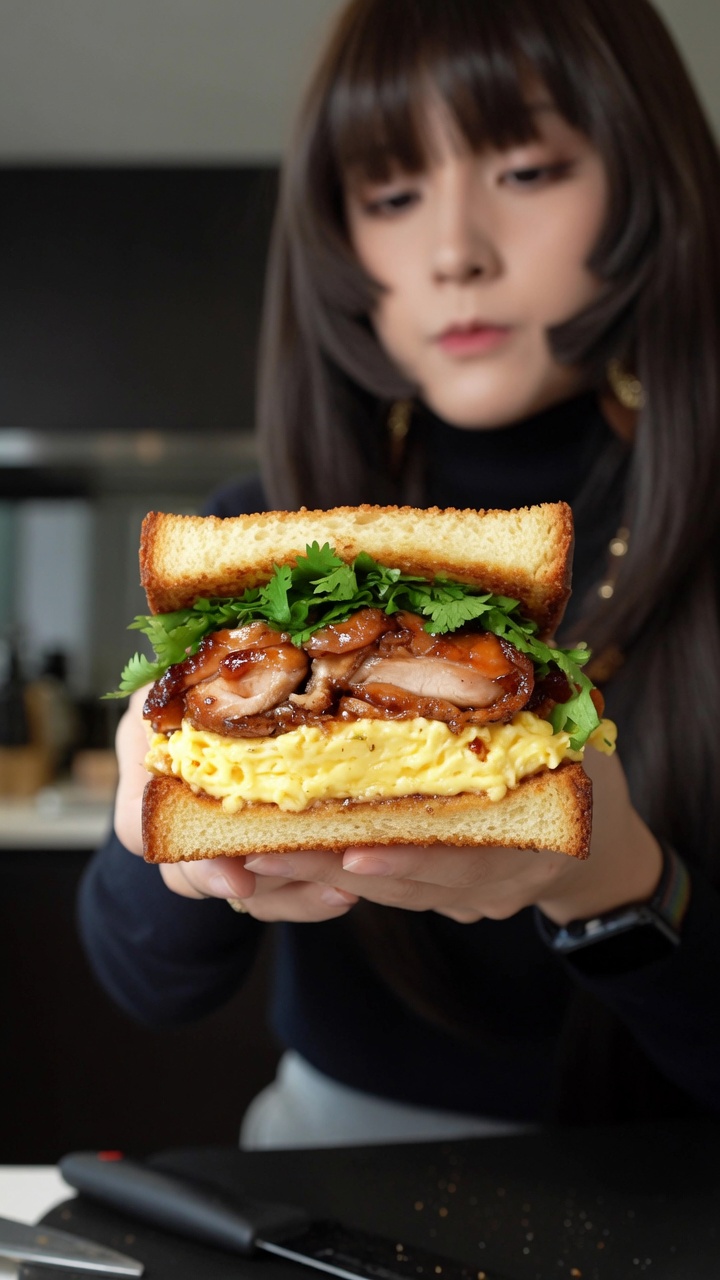旨みたっぷり！照り焼きチキンとふわふわ卵の極厚サンドイッチ