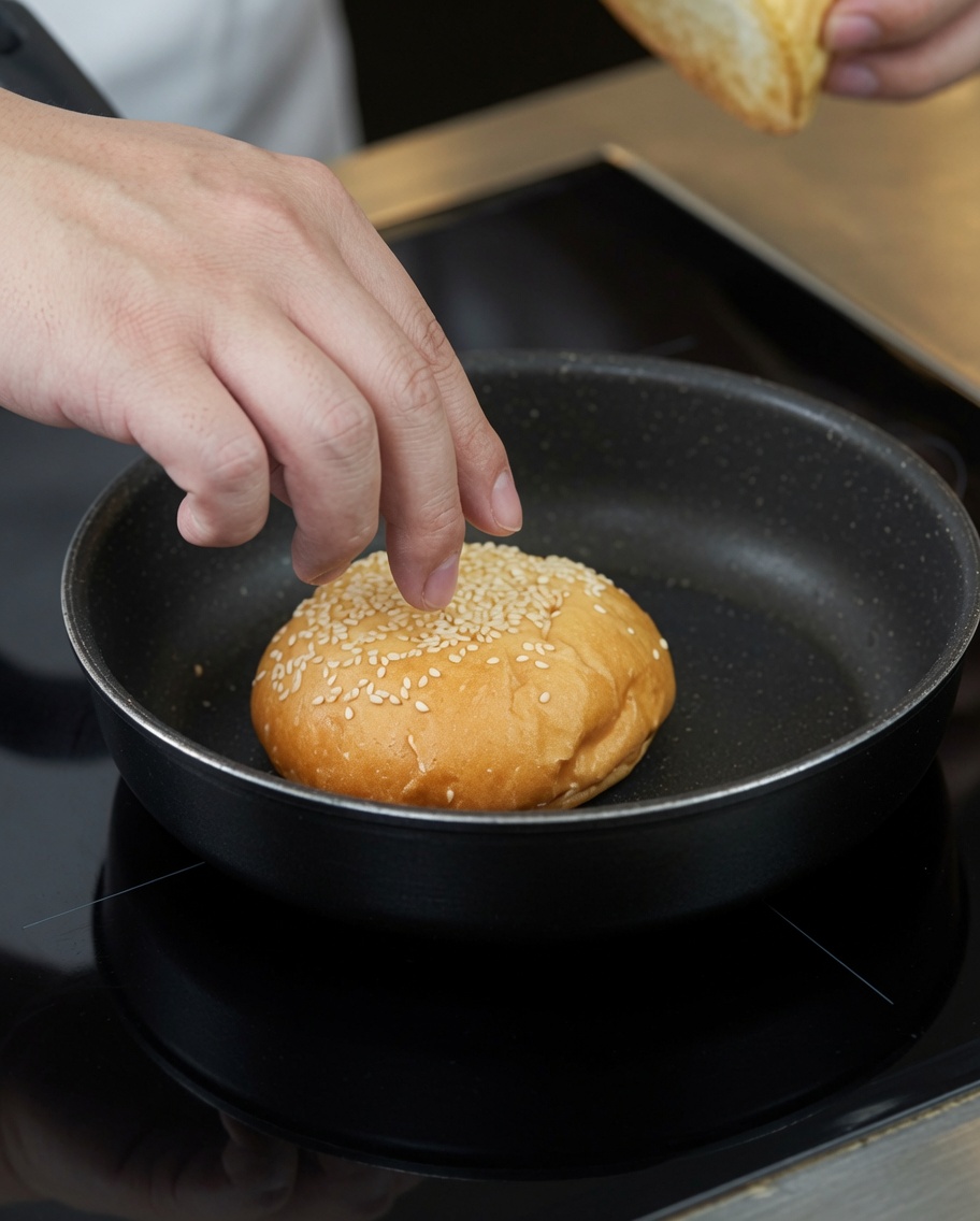 フライパンでバンズの切り口を焼いている様子。