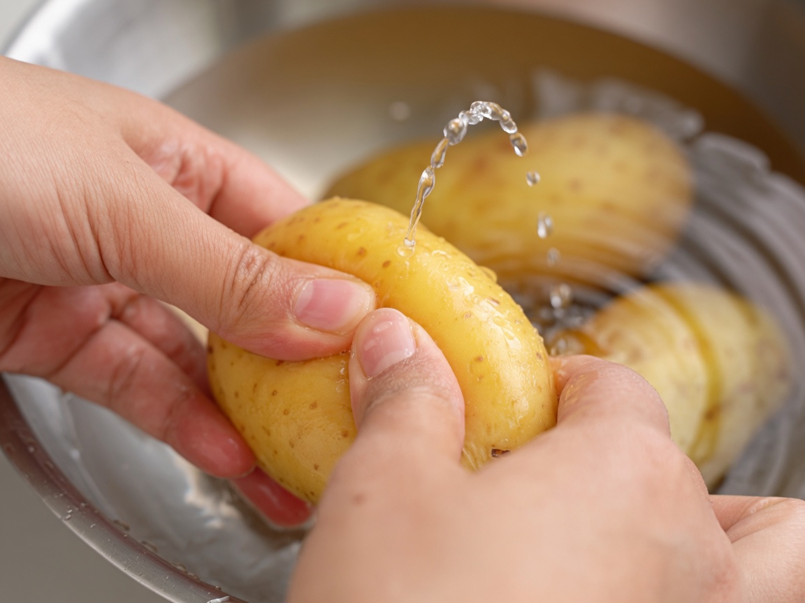 ボウルの上で、解凍したポテトの水気を手でしっかりと絞る様子。