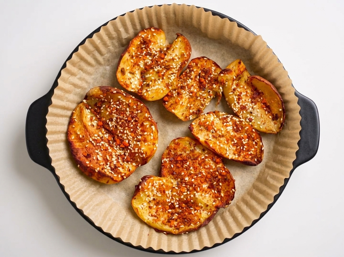 味付けされたローストポテトに、細かく刻んだ青ねぎを散らしている様子。