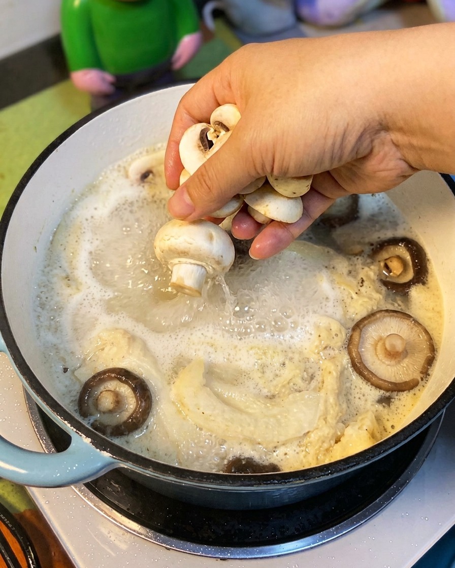 スライスした新鮮なきのこを鍋に加えている様子。