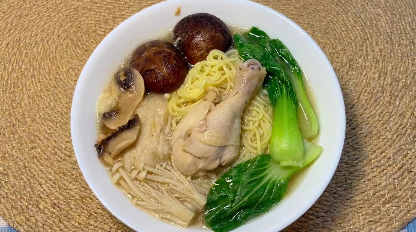 旨味たっぷり、きのこのチキンヌードルスープ