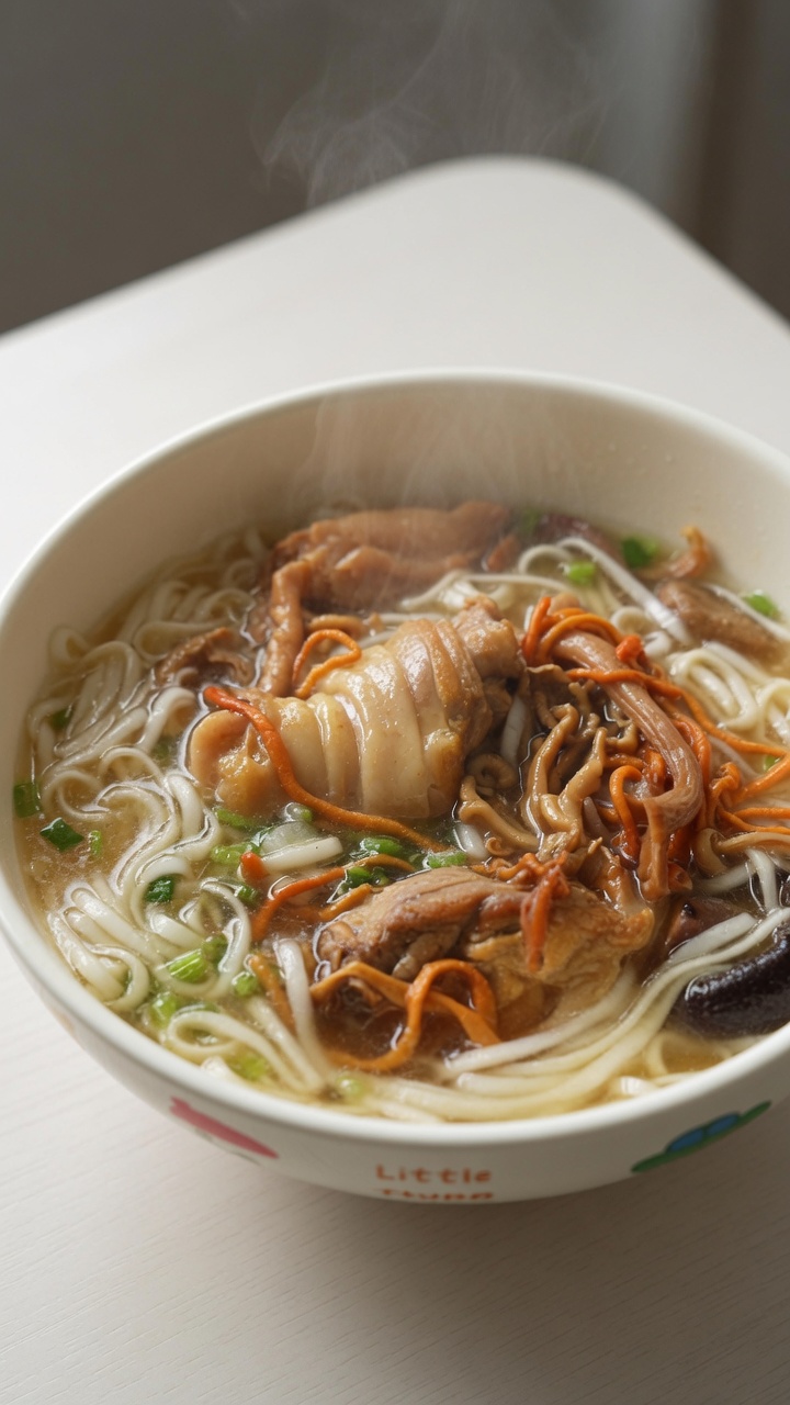 香り豊かな鶏肉と干し椎茸のヌードルスープ