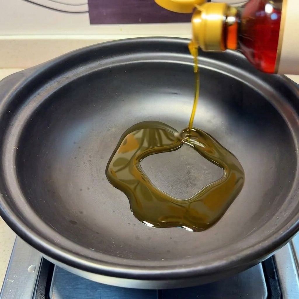 土鍋の中でごま油で炒められている生姜。
