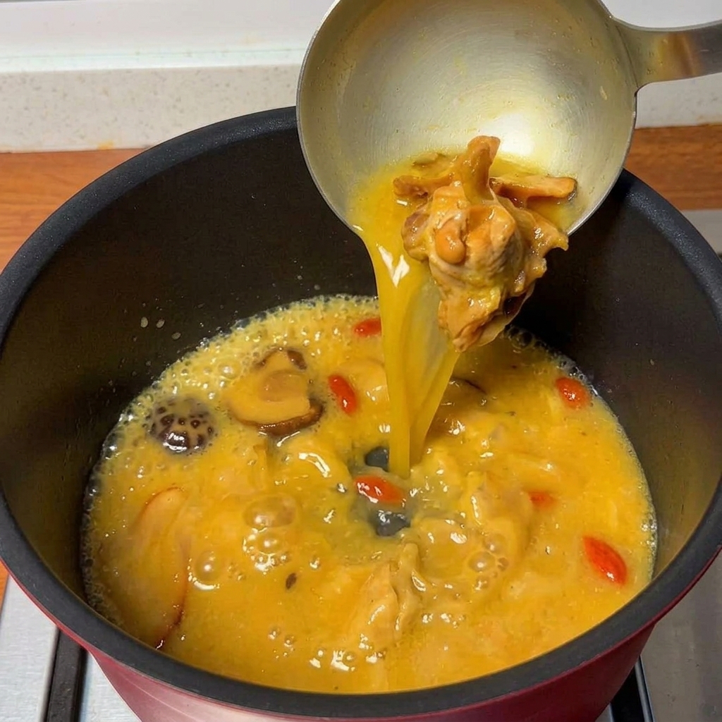 別の鍋で沸騰している鶏肉のスープ。