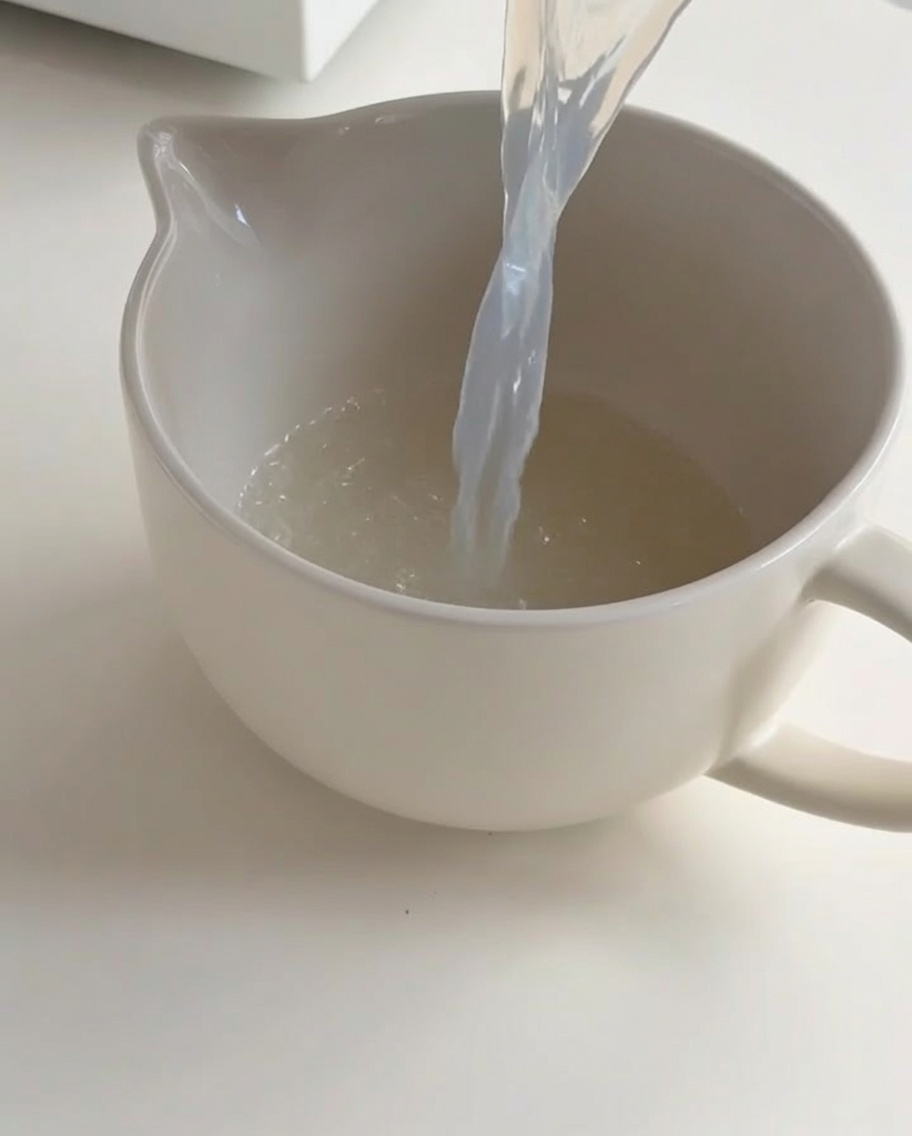 透き通ったあさりの茹で汁を鍋から白い陶器のピッチャーに注いでいる様子。