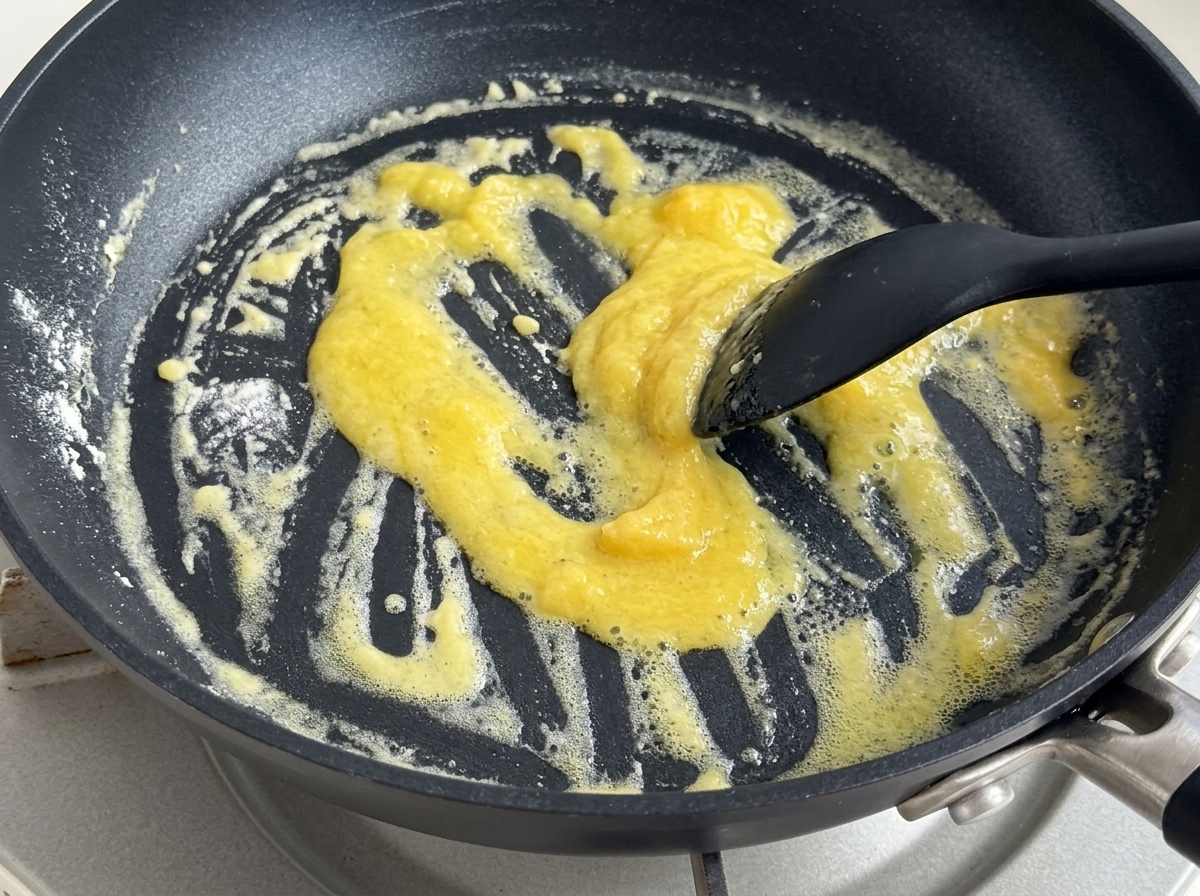 火を通したルーの入ったフライパンに、生クリームと牛乳を注いでいる様子。