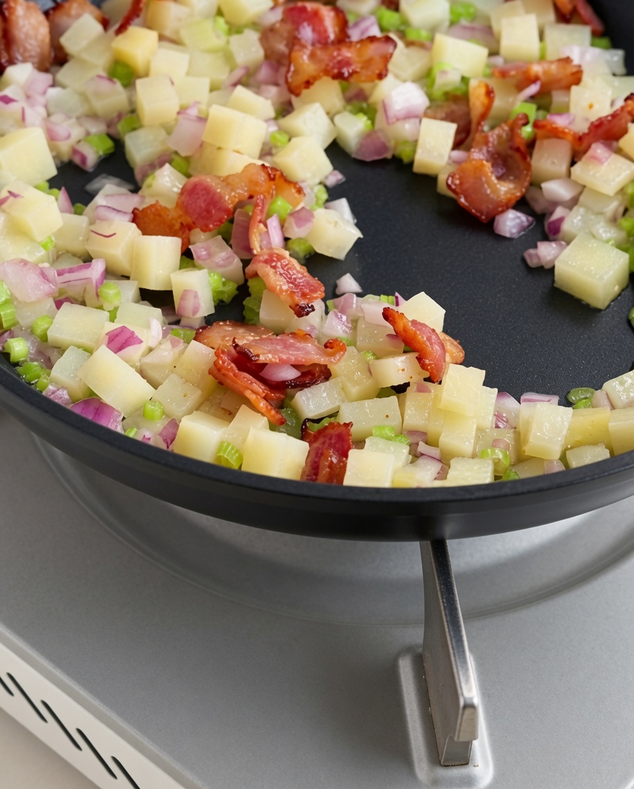 刻んだ野菜とベーコンが入ったフライパンに、容器からあさりの茹で汁を注いでいる様子。