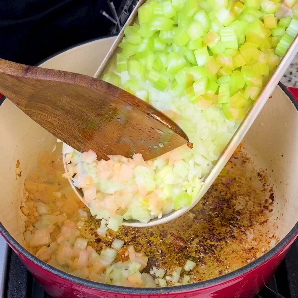 ベーコンの脂が残る鍋で炒められる野菜たち。