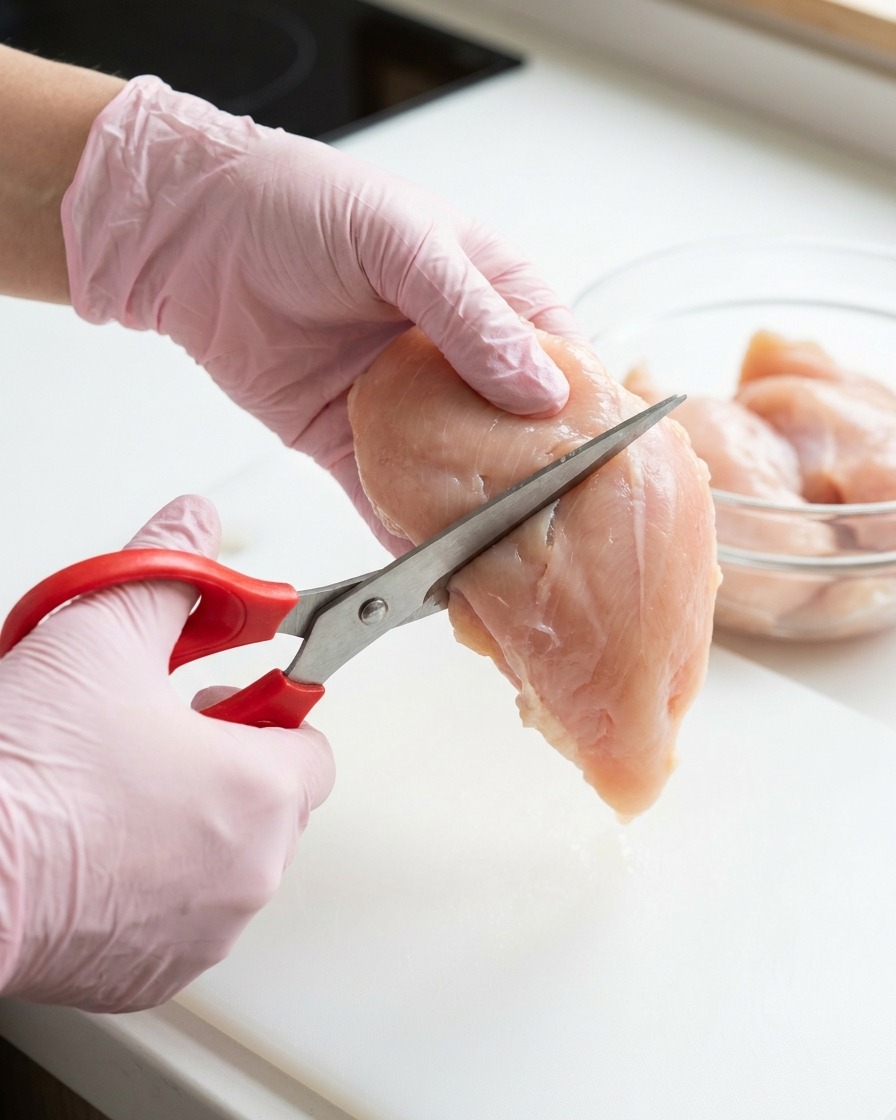 まな板の上で鶏むね肉を薄い短冊状にカットしている様子